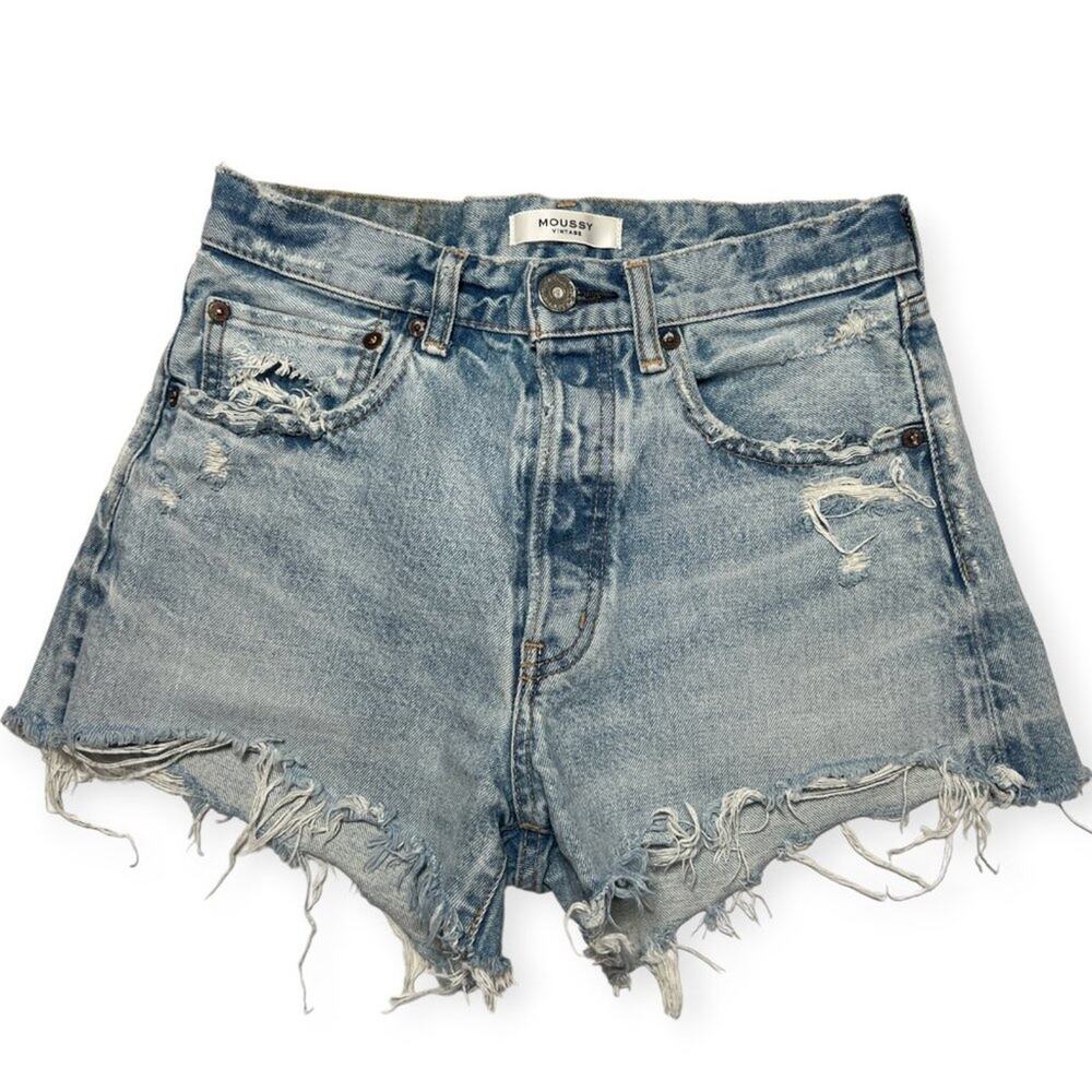 Moussy li HOWA Vintage Distressed Denim Jean Short Button Fly Blue Size 26 Japan
